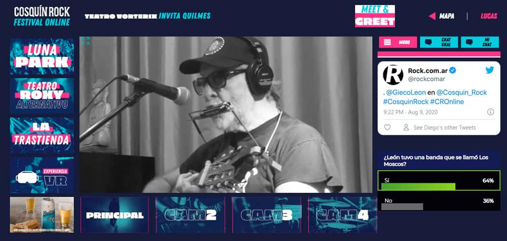 Cosquín Rock tuvo su primera edición online - La primera jornada dejó una sensación de adrenalina y nostalgia potenciada por el tremendo show de Ciro y Los Persas al llegar a la medianoche del sábado. Un momento muy fuerte y crudo se vivió al momento en que el ex líder de Los Piojos bajó al campo a cantar el estribillo de "Tan solo" en completa soledad y su voz se fue expandiendo por un Luna Park frío y vacío. Quizás esa haya sido la imagen más emotiva de ambas jornadas y que logró traspasar las pantallas de las miles de personas que compraron las entradas para verlos en sus dispositivos móviles. León Gieco. Así era la plataforma de streaming