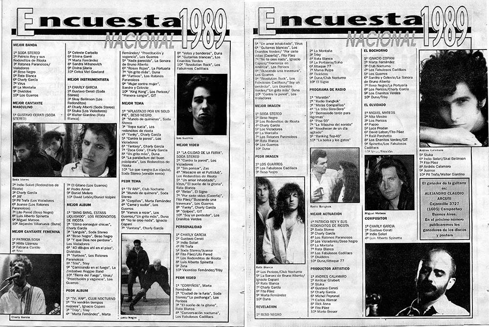 Encuesta Pelo: lo mejor de 1989 - MEJOR BANDA1 Soda Stereo2 Patricio Rey y susRedonditos de Ricota3 Ratones Paranoicos / Violadores4 Beso Negro5 Rata Blanca6 Charly García7 Virus8 La Montaña9 Divididos10 Los Guarros encuesta