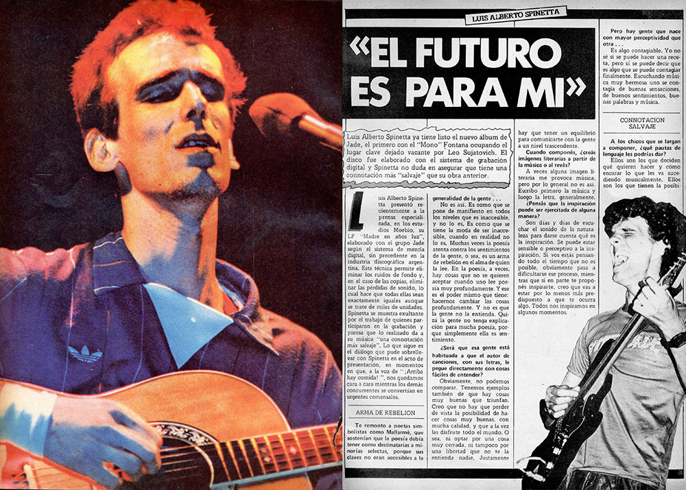 Rescate: el lanzamiento de "Madre en años luz" - Luis Alberto Spinetta presentó recientemente a la prensa especializada, en los estudios Moebio, su LP "Madre en años luz", elaborado con el grupo Jade según el sistema de mezcla digital, sin precedente en la industria discográfica argentina. Esta técnica permite eliminar los ruidos de fondo y, en el caso de las copias, eliminar las pérdidas de sonido, lo cual hace que todas ellas sean exactamente iguales aunque se trate de miles de unidades. Spinetta se muestra exultante por el trabajo de quienes participaron en la grabación y piensa que lo realizado da a su música "una connotación más salvaje". Lo que sigue es el diálogo que pude sobrellevar con Spinetta en el acto de presentación, en momentos en que, a la voz de " ¡Arriba hay comida! ", nos quedamos cara a cara mientras los demás concurrentes se convertían en urgentes comensales. spinetta