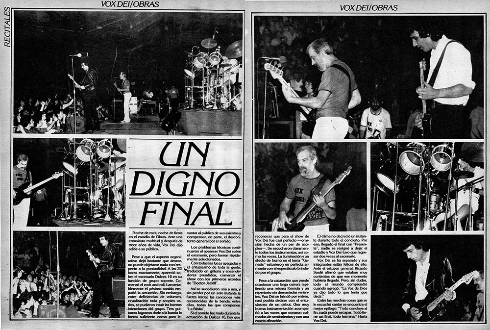 Vox Dei: un digno final - Noche de rock, noche de fiesta en el estadio de Obras. Ante una entusiasta multitud y después de trece años de vida, Vox Dei dijo adiós a su público. vox dei 2 1