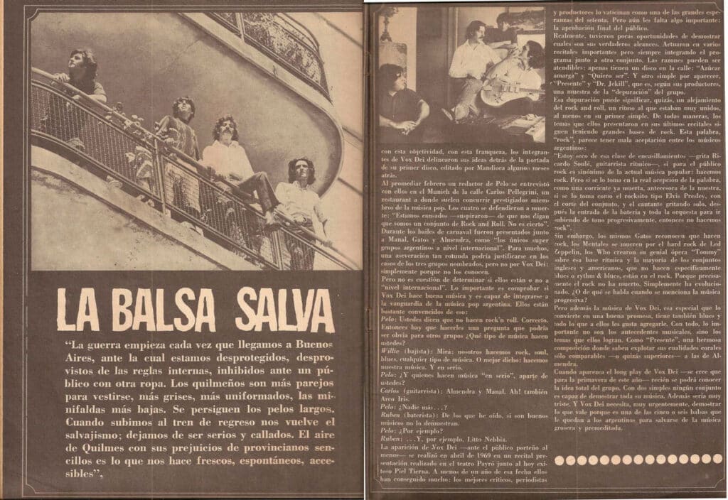 La balsa salva - Con esta objetividad, con esta franqueza, los integrantes de Vox Dei delinearon sus ideas detrás de la portada de su primer disco, editado por Mandioca algunos meses atrás. Vox Dei