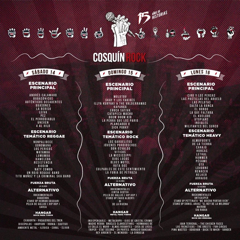Cosquín Rock 2015: la grilla - La fiesta de 15 del festival de rock más federal de la Argentina tiene su grilla confirmada con la presencia de Andrés Calamaro, Nonpalidece, Molotov, Skay, Ciro y Los Persas, Gardelitos y Almafuerte como platos fuertes. grilla