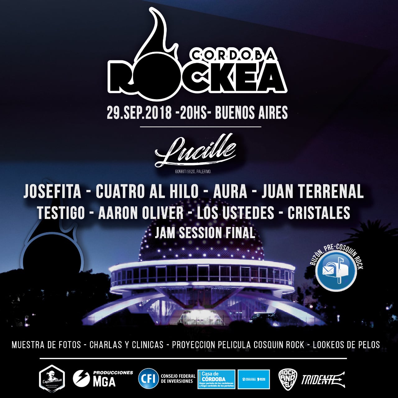 El Córdoba Rockea BA 2018 tendrá lugar en Palermo - La edición 2018 del festival se llevará a cabo el próximo sábado 29 de septiembre en Club Lucille (Gorriti 5520, CAB A) a partir de las 18 horas. En este caso se presentarán Josefita, Cuatro al Hilo, Aura, Juan Terrenal, Testigo, Aaron Oliver, Cristales y Los Ustedes. En esta edición 2018 se suman a los conciertos de bandas cordobesas, clínicas, stands, muestras de fotografía y posters, actividades coordinadas por la el Instituto Nacional de la Música y la apertura de un espacio de encuentros de negocios en el cual músicos y managers, podrán acercarse a los protagonistas de la Industria cultural local.
El Córdoba Rockea nace a partir de la unión de un conglomerado de músicos de rock independientes, oriundos de La Docta, que intentan posicionar culturalmente el género musical que los identifica dentro su provincia. Luego de nueve ediciones en su ciudad sintieron la inquietud de dar a conocer su fuerza musical, también, en otras provincias. Tiene su mayor antecedente la responsabilidad de la realización y producción del escenario destinado a artistas cordobeses en las dos últimas ediciones del Cosquín Rock. El objetivo ya estaba claro y por ello se contactaron con artistas y productores bonaerenses, iniciando así el camino que posibilitó su desembarco en Buenos Aires por primera vez en 2017, con una importante convocatoria y repercusión en la prensa. Apuntando hacia una cultura más real e igualitaria, este combinado de artistas pretende generar y jerarquizar las posibilidades de negocios y vínculos fuera de su provincia.
El 29 de septiembre próximo, el festival regresa a Capital Federal sumando el importante apoyo del Gobierno de la Provincia de Córdoba a través de su Casa en Buenos Aires quienes, con su presencia, potencian la traza del mapa federal de la cultura argentina.
El evento intenta articular, canalizar y expandir las potencias creativas, aportando espacios para su desarrollo, y conducir a concretas y equitativas posibilidades de trabajo para los artistas en shows o festivales, promoviendo además su inclusión en medios de comunicación nacionales y sellos discográficos.
En esta edición 2018 se suman a los conciertos de bandas cordobesas, clínicas, stands, muestras de fotografía y posters, actividades coordinadas por la el Instituto Nacional de la Música y la apertura de un espacio de encuentros de negocios en el cual músicos y managers, podrán acercarse a los protagonistas de la Industria cultural local. de57a26b c9e3 4581 bc1b bcf8499f1689