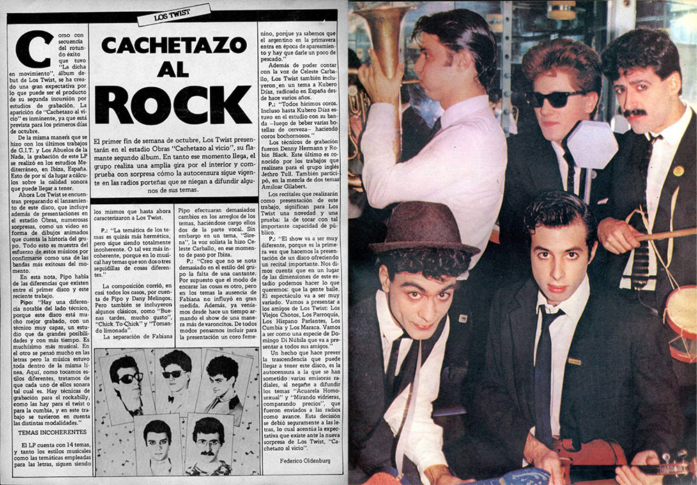 Los Twist: cachetazo al rock - El primer fin de semana de octubre, Los Twist presentarán en el estadio Obras "Cachetazo al vicio", su flamante segundo álbum. En tanto ese momento llega, el grupo realiza una amplia gira por el interior y comprueba con sorpresa cómo la autocensura sigue vigente en las radios porteñas que se niegan a difundir algunos de sus temas. 949c3ba6 72e4 428e 8721 5a08538285e5