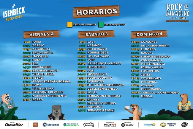 Los horarios del Rock en Baradero - La grilla de este Rock en Baradero ya tiene los horarios para no perderse nada ya que las tres fechas comenzarán desde las 15. Pero el viernes 2, a las 19:30, será el turno de Bestia Bebé, Pez a las 20:00, Huevo a las 20:45, Massacre a las 21:15, Eruca Sativa a las 22:05, Attaque 77 a las 22:50, Carajo a las 23:50 y Iorio a la 0:40, para cerrar la noche inicial. d36a2b50 247f 4f09 ba16 1b23771b824b