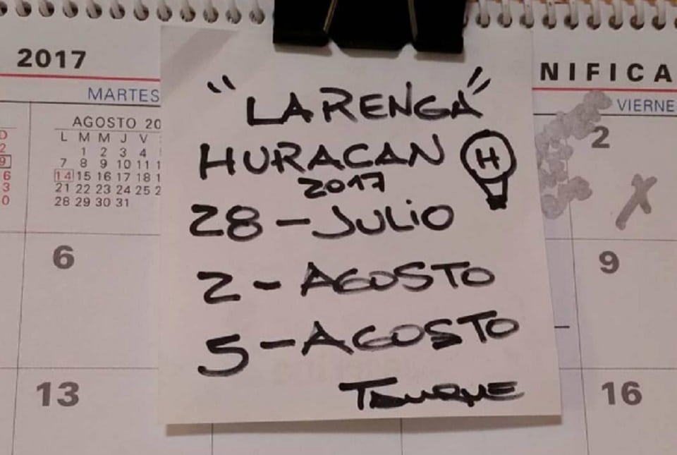 La Renga tocará en Huracán en julio y agosto de 2017 - La banda de Mataderos estará el sábado 29 de julio, y el miércoles 2 y el sábado 5 de agosto, en el estadio porteño de Parque Patricios, Tomás A. Ducó. Así lo confirmó el productor José Palazzo, por medio de una imagen muy particular de la heladera del Tanque, baterista del grupo. 420b02aa 3ead 4631 af08 4891745c5268