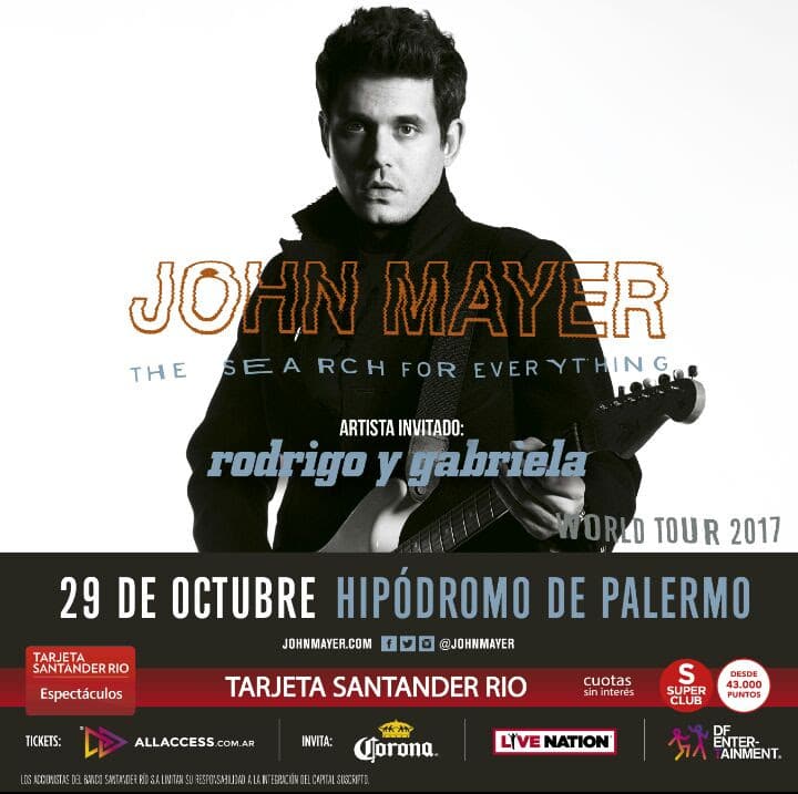 John Mayer regresa al país en medio de su nueva gira mundial - John Mayer se presentará el domingo 29 de octubre en el Hipódromo de Palermo, presentando su última placa de estudio "The search for everything". Entradas disponibles por sistema Allaccess.com.ar desde el 1° de junio. f8fa9bbf 2152 4c1a 8dd2 b435f54762e6
