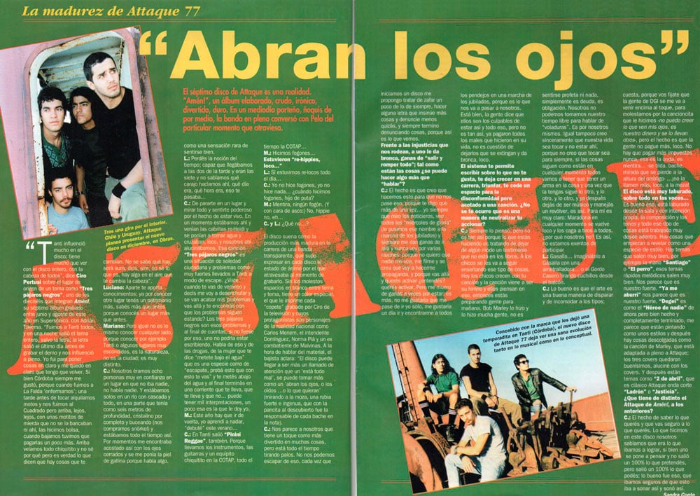 Rescate: Attaque 77 lanza su disco "Amén!" - Rescatamos una entrevista de la periodista Sandra Conte publicada en la Revista Pelo en octubre de 1995 en la que Attaque, aún conformado como cuarteto, presentaba su séptimo disco, "Amén!" y reflexionaba sobre las injusticias. Rescate de una nota publicada en la Revista Pelo Nº485, octubre de 1995. Attaque 77