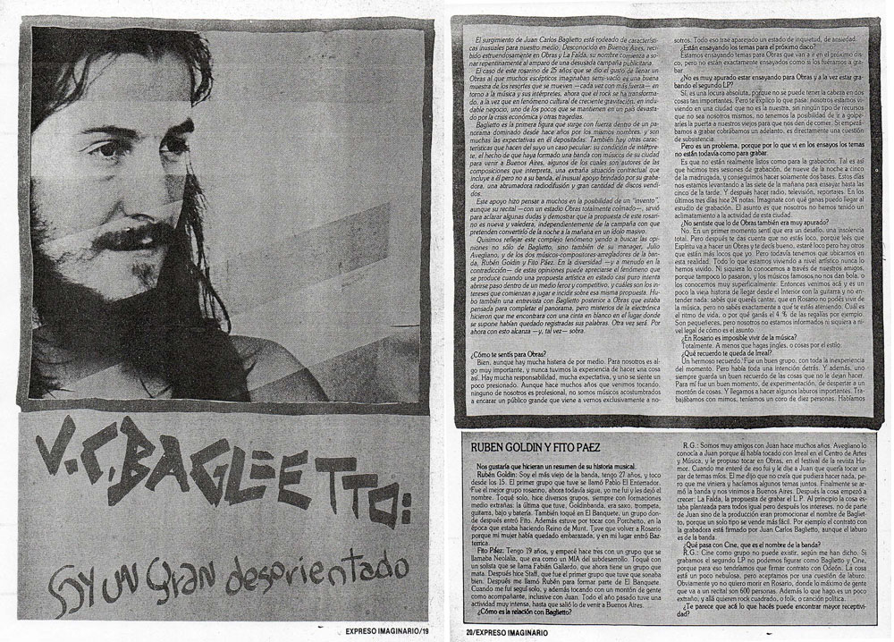 Rescate: a 40 años del desembarco de la Trova Rosarina en Obras - Se cumplen 40 años del gran desembarco porteño de Juan Carlos Baglietto al frente de la Trova Rosarina. El 14 de mayo de 1982 presentaba su álbum debut en el Estadio Obras y en esta entrevista firmada por Claudio Kleiman en la Revista Expreso Imaginario Nº71 detallaba cómo era la lógica de aquel grupo de músicos, integrado por Fito Páez y Rubén Goldín, entre otros. Rescate de una entrevista publicada en el Expreso Imaginario Nº71, junio de 1982. Juan Carlos Baglietto