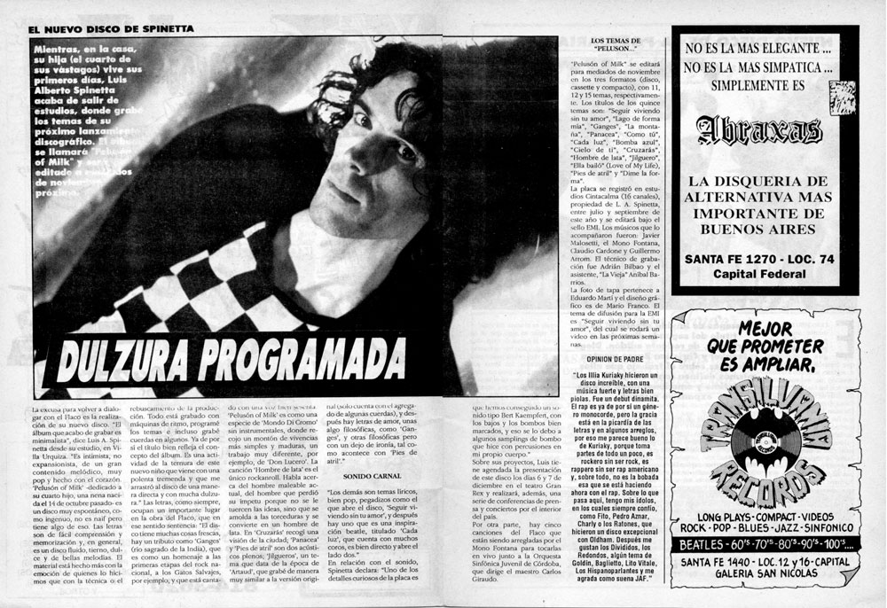 Rescate: Spinetta graba "Peluson of milk" - Este disco del Flaco fue registrado en su propio estudio mientras nacía Vera, su cuarta hija. Es un trabajo "de un gran contenido melódico, muy pop y hecho con el corazón", según describe en esta entrevista. Rescate de una nota publicada en la Revista Pelo Nº405, octubre de 1991.? spinetta