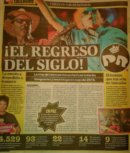 Los Redondos no se juntan - En agosto del año pasado Skay dejó en claro su postura sobre un posible retorno del grupo a los escenarios. >"La vuelta de Los Redondos es una idea del siglo pasado. A mí los revivals no me gustan, me aburren", dijo el guitarrista de la banda en una entrevista para la revista Dale y rock.com.ar. diario