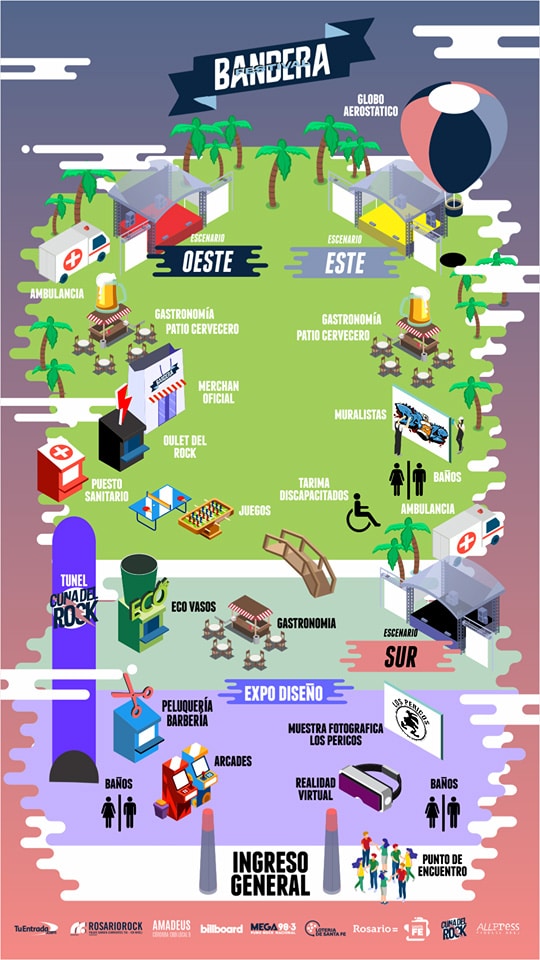 Festival Bandera: todo lo que tenés que saber - Peluquería, barbería, juegos de realidad virtual, arcades, fútbol tenis, ping pon, metegol, muestra de fotos de Los Pericos, Tunel Cuna del Rock, intervención en distintos espacios, muralistas, un globo aerostático, patios cerveceros, gastronomía (con opciones para vegetarianos, veganos y celíacos) y zonas de descanso, son algunas de las propuestas del Bandera, en Rosario. f5d71f11 280f 450a 808c 94808d937512
