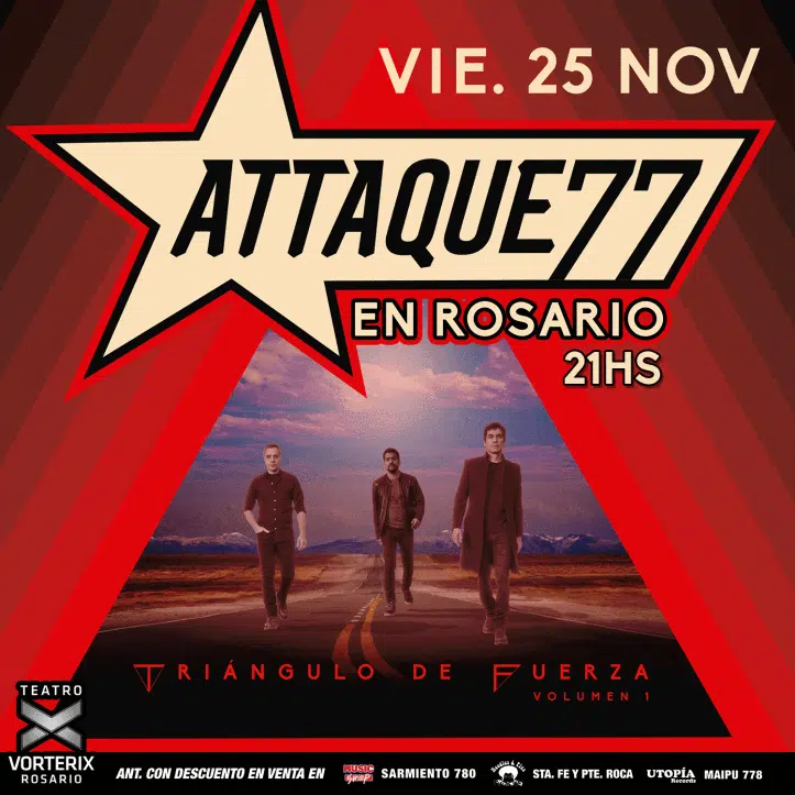 Attaque 77 toca en Rosario - El próximo viernes 25 de noviembre, desde las 21, Attaque 77 presenta su próximo disco en el Teatro Vorterix de Salta 3519 (Rosario). Las anticipadas con descuento se consiguen en Music Shop (Sarmiento 780), Utopía (Maipú 778) y Needles And Pins (Santa Fe y Pte. Roca).
Attaque 77 es una banda formada en el año 1987. Actualmente el grupo esta conformado por Mariano Martínez (guitarra y voz), Leonardo De Cecco (batería), y Luciano Scaglione (bajo y coros). Es un importante y prestigioso grupo argentino, con casi 30 años de trayectoria, más de 14 discos editados, dos DVDs, y más de un millón de discos vendidos en todo el mundo.
Con el paso de los años su sonido evolucionó y fusionó el punk con ska, reggae, rock y hard rock. Entre muchos hits, Attaque es responsable de clásicos como “Hacelo por Mi”, "Arrancacorazones” y “El Cielo puede Esperar” de gran popularidad entre tantos otros.
Además de haber participado de importantes festivales, compartieron escenario con artistas de renombre como Iggy Pop, The Ramones, Die Toten Hosen, Sex Pistols, Motorhëad, Linkin Park y Green Day, entre otros. Se presentaron en más de 8 países de Europa y han visitado todo el continente americano en distintas oportunidades, tanto de gira como así también grabando discos en Estados Unidos y España.
En el 2015, Attaque estuvo presentando el 25° aniversario de “El cielo puede esperar” – segundo disco y uno de los más destacados de su carrera – con un show memorable en el Estadio Malvinas Argentinas, de Buenos Aires ante un lleno total.
A principios de este año 2016 el grupo estuvo enfocado a la pre producción y grabación del próximo álbum que se llamara “Triangulo de Fuerza” y será presentado en sociedad antes que nadie el próximo viernes 25 de noviembre en el Teatro Vorterix de Rosario.
El nuevo álbum saldrá a la venta a principios de 2017 con un sonido que conjuga la potencia del trío y nuevas búsquedas musicales, además de contar con grandes invitados.
“Triángulo de Fuerza” promete ser uno de los discos más importantes de la banda.
Sobre “Triángulo de fuerza”
Estas canciones reafirman la potencia del trío, con un sonido actual que los lleva a nuevas búsquedas musicales y letras que atraviesan temáticas como los mecanismos de control social, la expropiación de los recursos naturales, el legado a las nuevas generaciones y de las raíces de nuestros pueblos originarios.
Todas las canciones fueron grabadas por Álvaro Villagra en los estudios “Del Abasto Mansión Monsterland” y por Mariano Martínez en los estudios “Tierra de Nadie” en Tanti, Córdoba.
“Triángulo de Fuerza” promete ser uno de los discos más importantes de la banda.
Este EP adelanto está disponible en todas las plataformas digitales y en formato físico exclusivamente en los shows a partir del 18 de noviembre. vorterix-rosario-25-nov-16
