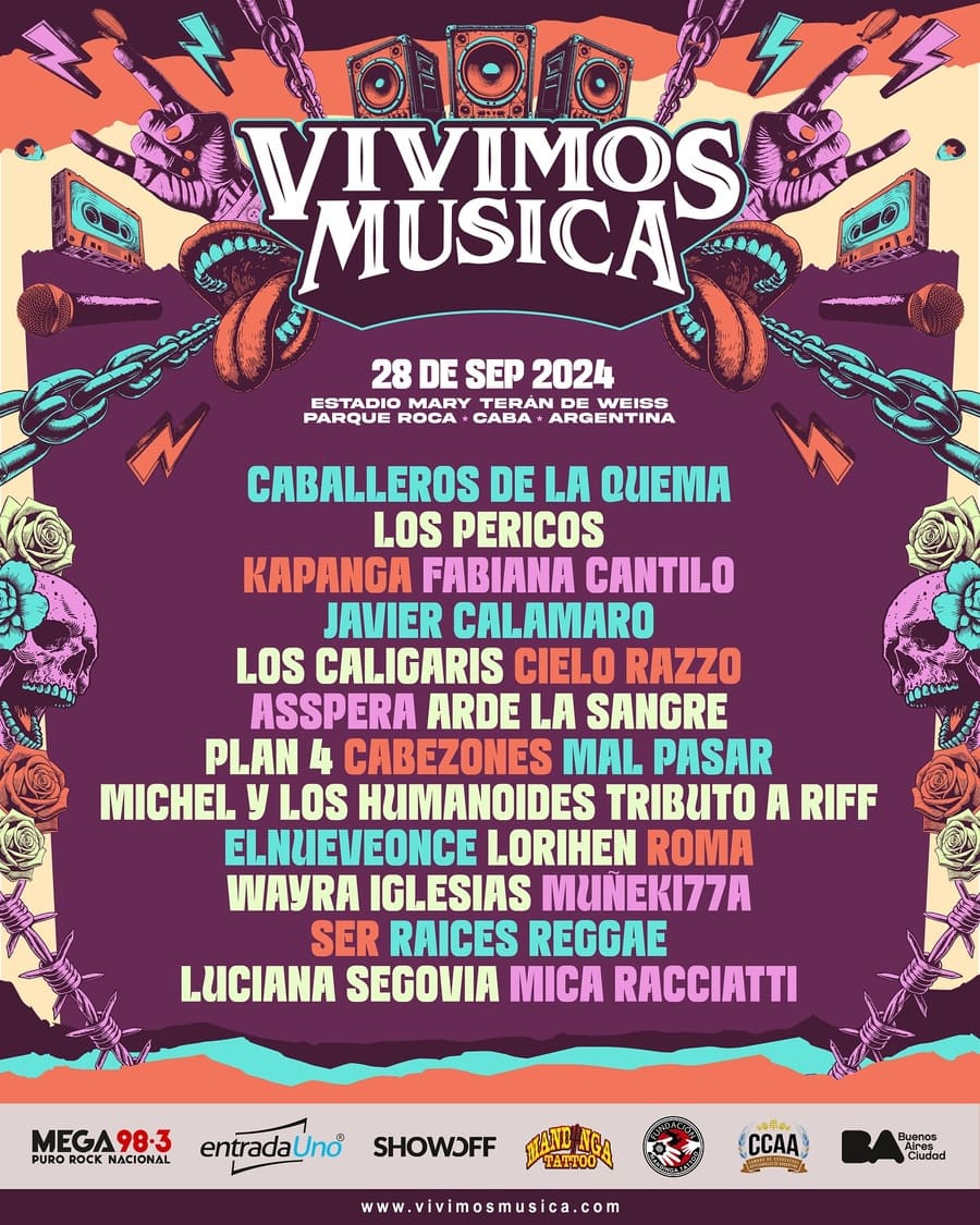 Vivimos Música: el rock se muda a Parque Roca - "Preparate para vivir un festival 100% rock", dice el anuncio. Y así será, a juzgar por la grilla anunciada con más de 25 artistas del género (y ningún intruso) del primer Vivimos Música 2024, programado para el 28 de septiembre en el Estadio Mary Terán de Weiss, más conocido como Parque Roca. grilla