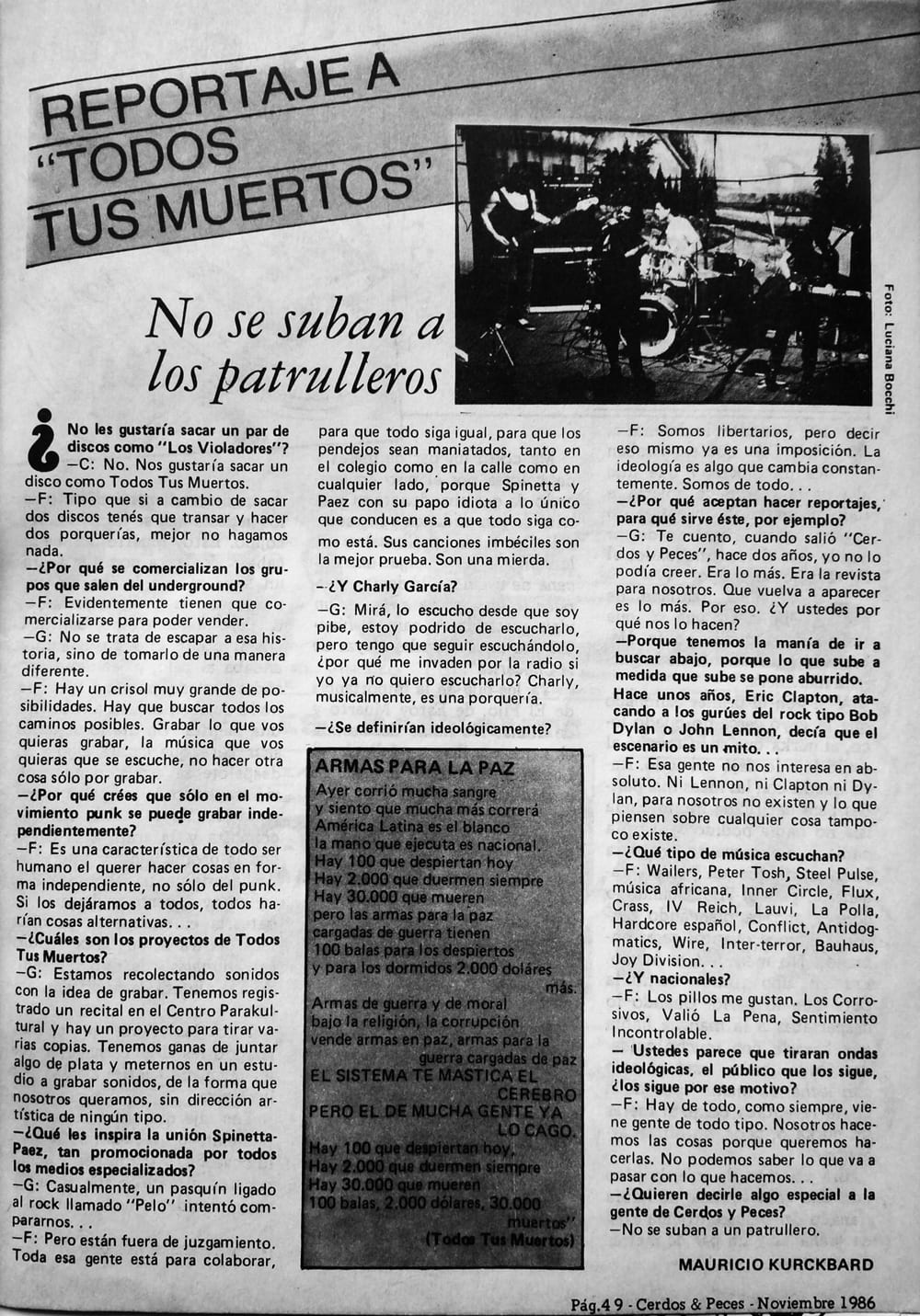 No se suban a los patrulleros - Entrevista a Todos Tus Muertos, publicada por la revista Cerdos & Peces en noviembre de 1986. Cerdos y Peces, noviembre 1986