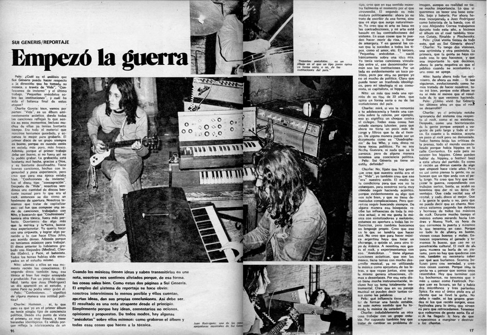 A 50 años de Instituciones, de Sui Generis - En esta entrevista publicada meses antes de la edición del tercer disco de Sui Generis, Charly García y Nito Mestre reflexionan sobre la evolución de su música a lo largo de sus álbumes Vida, Confesiones de invierno y Pequeñas anécdotas sobre las instituciones. Sui Generis