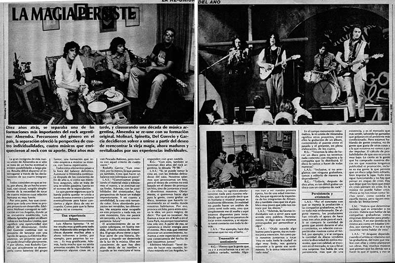 Rescate: la reunión de Almendra - Se cumplen 45 años del primer regreso de Almendra. Antes de aquellos tres shows en Obras (y de una mini gira nacional), Spinetta, Molinari, Del Guercio y García le contaban a la Revista Pelo cómo reinterpretarían aquellos temas clásicos, las diferencias entre este grupo fundacional y sus respectivos proyectos y sobre cómo esperaban que la gente los recibiera. La nota a Almendra en la Revista Pelo 121