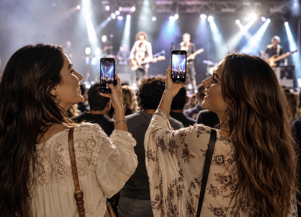 Crecimiento del streaming musical y temas de juego online en 2026 - La música solía ocupar su propio carril: álbumes, radio, playlists, conciertos. En 2026, resulta más difícil mantenerla separada. Una canción puede pasar de una app de streaming a un video corto, luego a la banda sonora de un juego o a un formato de casino con temática musical. Incluso productos como 1xbet balloon app conviven dentro de una rutina más amplia de entretenimiento online, donde el sonido, el ritmo y la respuesta visual importan. La pregunta ya no es si la música crece. Es en qué lugares aparece ahora ese crecimiento. Dos amigas graban a los músicos durante un concierto en vivo con sus teléfonos