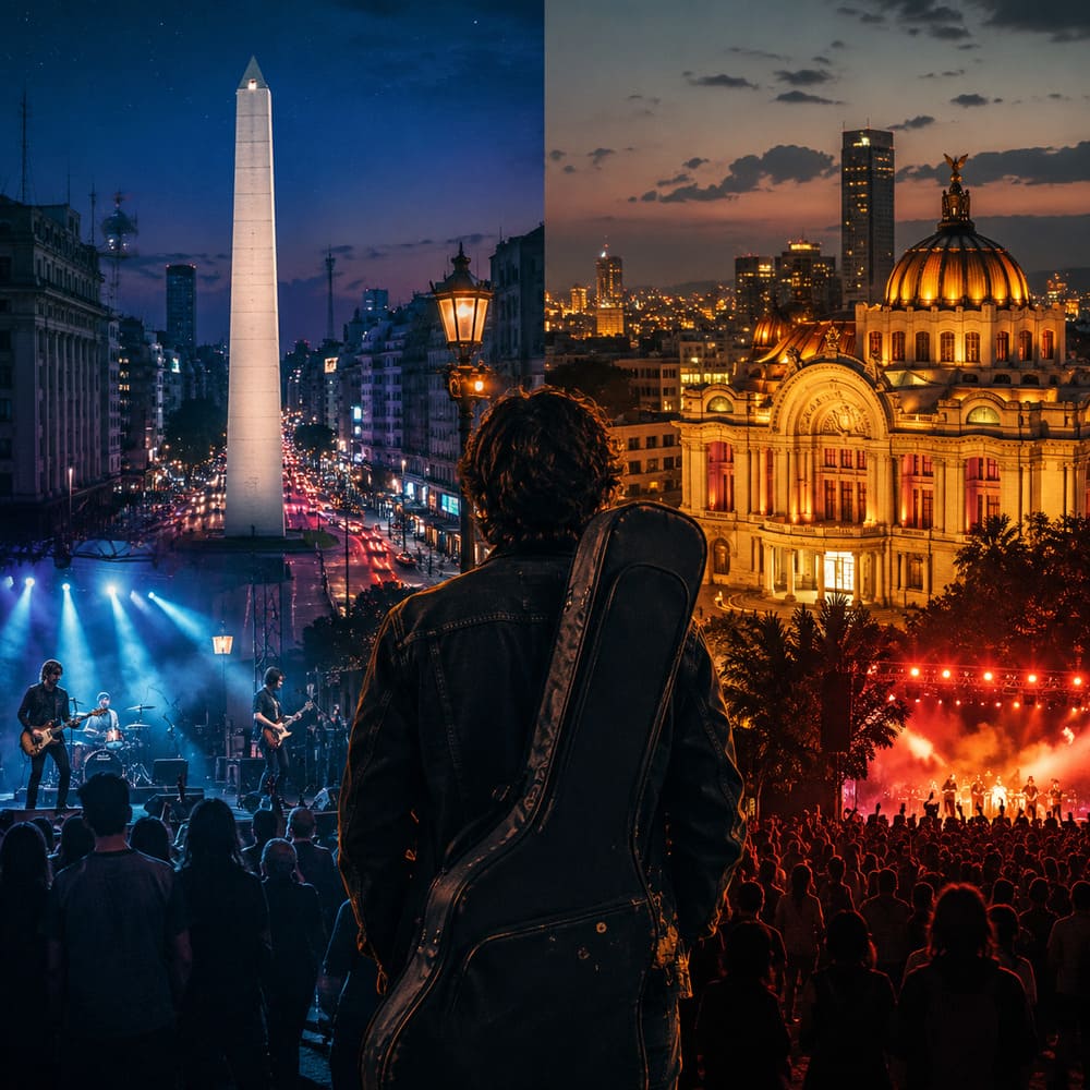 Dos capitales, una misma noche: el turismo del rock que une a Buenos Aires y Ciudad de México - Hay una geografía secreta del rock latinoamericano que no aparece en los mapas oficiales. Es la que trazan los fans cuando cruzan fronteras siguiendo a una banda, la que se dibuja en las filas de un festival y se completa, muchas horas después, en la calle. Cada edición de Cosquín Rock, cada nueva fecha de Lollapalooza Argentina o del Vive Latino mexicano mueve a miles de personas que no solo compran una entrada: reservan vuelos, buscan alojamiento y, sobre todo, salen a conocer la ciudad que aloja el escenario. El turismo del rock existe, y sus dos grandes polos en el continente se llaman Buenos Aires y Ciudad de México. Dos capitales una misma noche el turismo del rock que une a Buenos Aires y Ciudad de