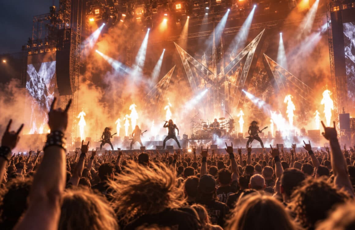Metallica estrena en Sphere una residencia de 24 conciertos - Metallica abrió el 1 de octubre su residencia Life Burns Faster en Sphere con un programa diseñado para cambiar de una noche a otra. La serie suma 24 conciertos hasta marzo de 2027 y mantiene el formato No Repeat Weekend, que evita repetir canciones dentro de cada pareja de fechas. El catálogo del rock también ha encontrado otros usos fuera del escenario: algunas tragamonedas incorporan canciones y elementos visuales de bandas conocidas, mientras servicios de 1xbet apuestas online reúnen otras modalidades del juego digital. En Sphere, Metallica trabaja con ese mismo activo cultural —un repertorio ampliamente reconocible— para construir conciertos distintos a partir de canciones ya conocidas. Multitud disfrutando de un concierto de rock al aire libre de noche