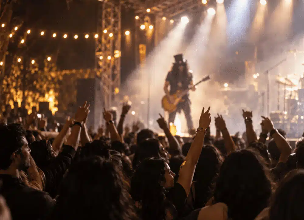 Slash anuncia Flying Blind y prepara su regreso para 2027 - El 2 de octubre, Slash ft. Myles Kennedy and the Conspirators presentó “Flying Blind”, primer adelanto de su quinto álbum de estudio, previsto para el 26 de febrero de 2027. El grupo completó la mayor parte del disco en aproximadamente una semana, con los músicos tocando juntos y evitando sobrecargar las tomas. Ese método rápido contrasta con un lanzamiento que se desplegará durante varios meses. Algo parecido ocurre en el entretenimiento digital: en un casino todo está disponible en el momento, sin esperar una fecha. La música también vive entre esas dos lógicas: el disco queda disponible, pero una gira sucede en fechas concretas. Público disfrutando de un concierto nocturno con un guitarrista en el escenario.
